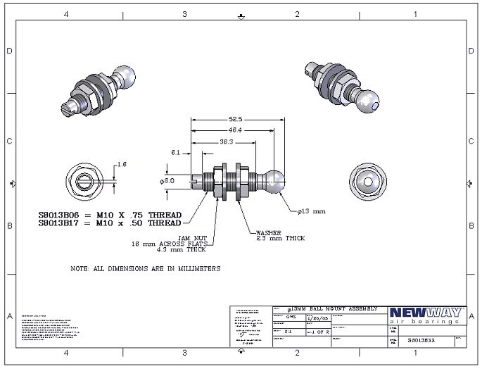 13mm ball mounting screws round end engineering drawings