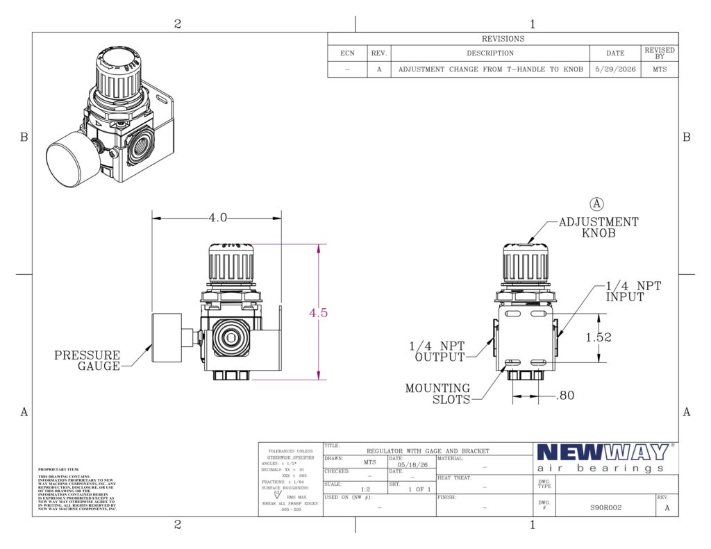 S90R002 air pressure regulator (knob) with mounting bracket drawing