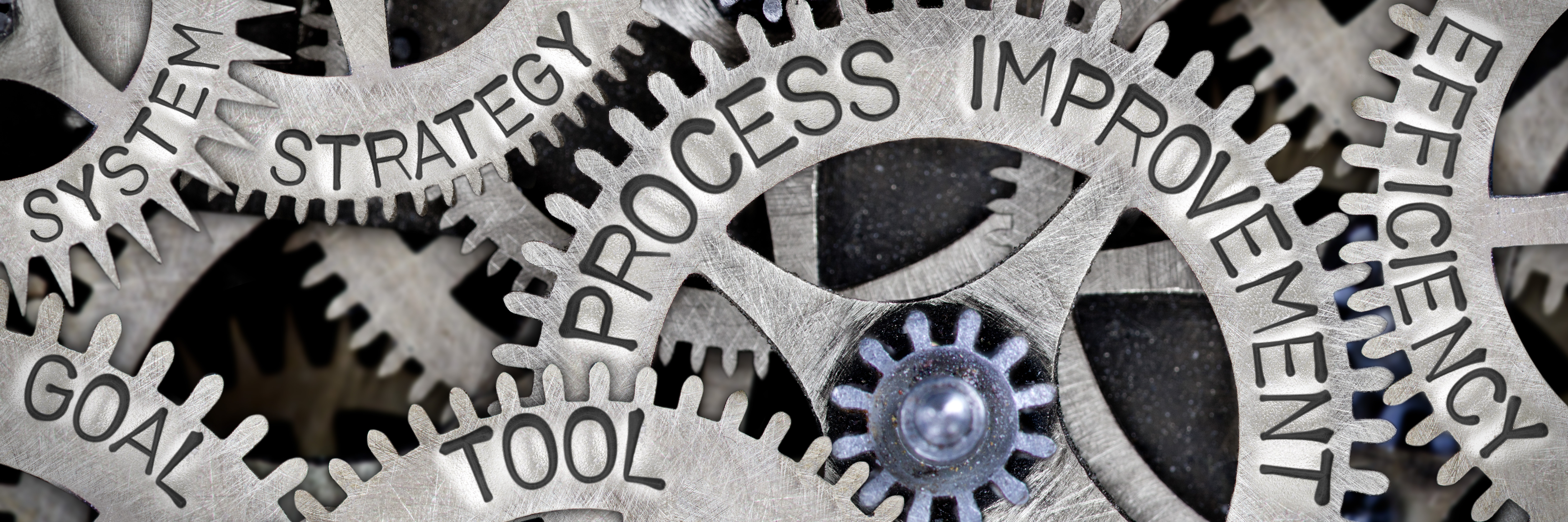 Intermeshing gears with the embossed words “system, strategy, goal, tool, process improvement and efficiency.”
