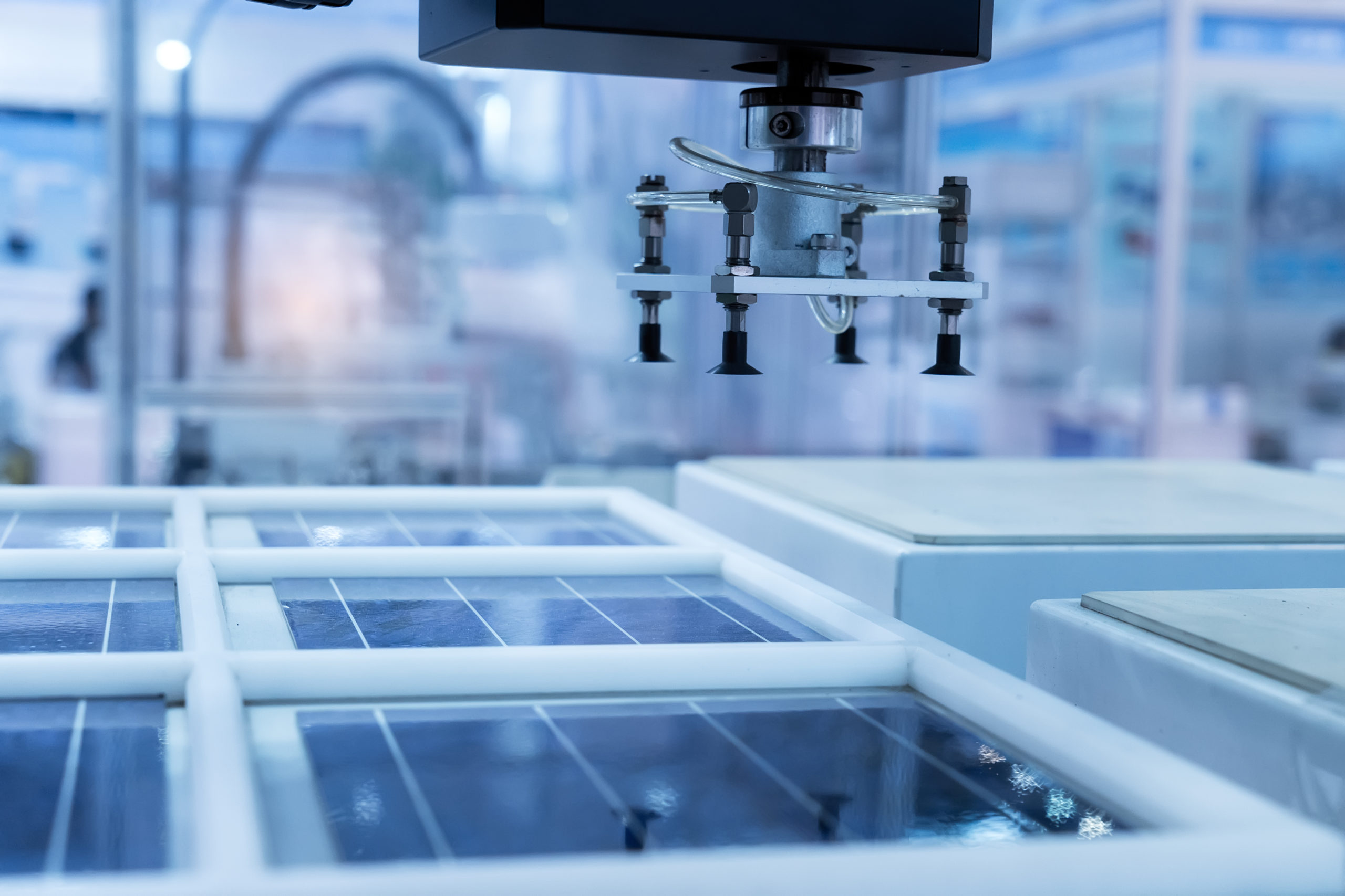 Robotic production of solar panels.